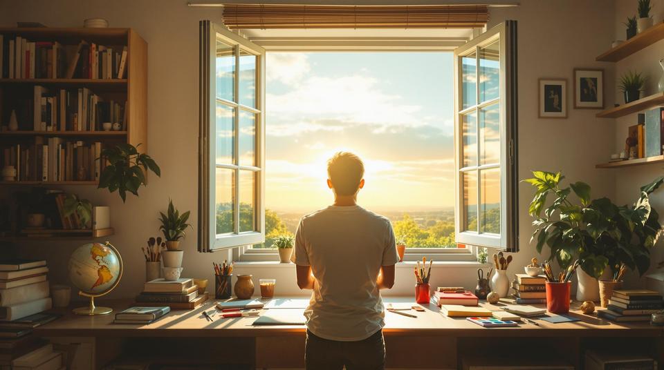 Person blickt aus großem Fenster in kreativem Arbeitszimmer.