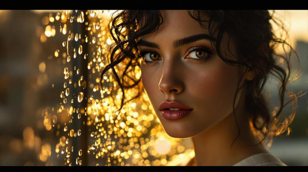 Frau mit lockigem dunklem Haar, ausdrucksstarke Augen, goldene Lichter im Hintergrund.