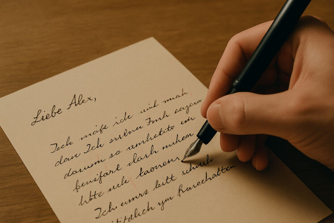 Hand schreibt mit Füller einen Brief auf cremefarbenem Papier.