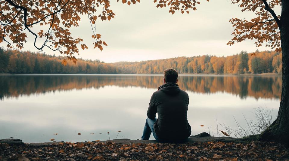 Person sitzt am Ufer eines ruhigen Herbstsees mit gelb-orangen Blättern.