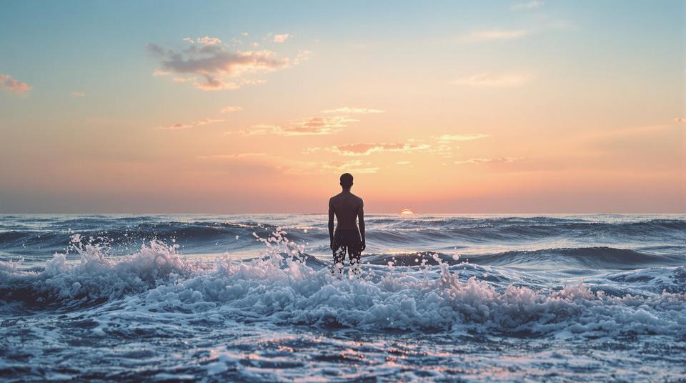 Person steht im Meer und blickt bei Sonnenuntergang zum Horizont.