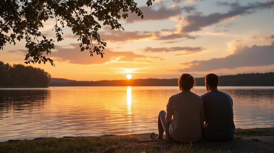 Zwei Personen sitzen am Ufer und genießen den Sonnenuntergang über einem ruhigen See.