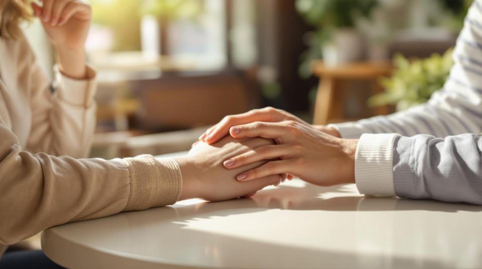 Zwei Personen halten Hände an einem Tisch in einem gemütlich hellen Raum